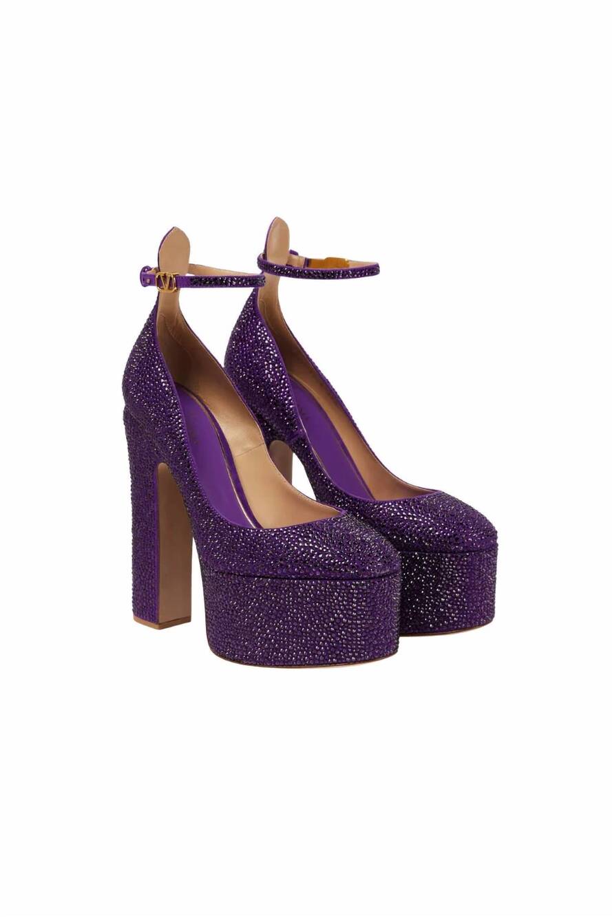 NEW VALENTINO GARAVANI women's tan-go 155mm platform pump heels in purple velvet